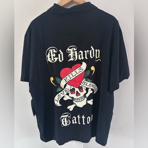 Ed Hardy Love Kills Slowly Woven Black Short Sleeve Button Up Camp Shirt XL - Picture 9 of 15